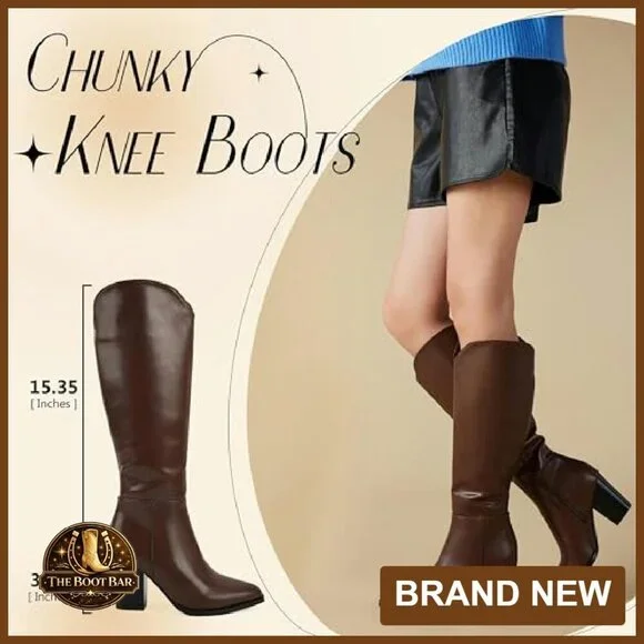 Knee High Boots Faux Leather Pointed Toe Chunky Heel Western Style - Picture 3 of 8